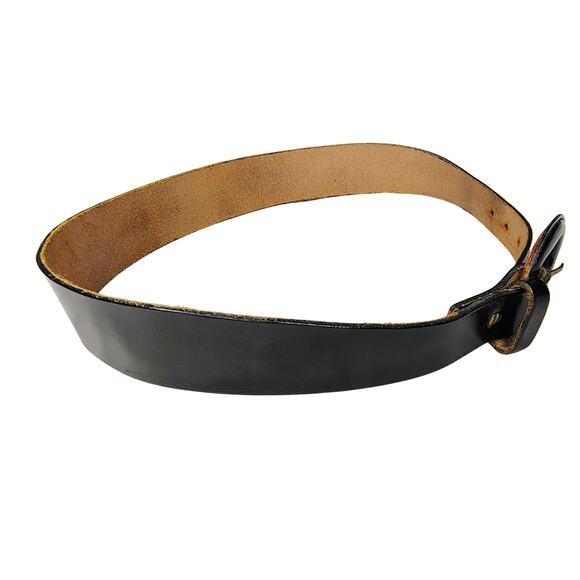 1980s Black Leather Cinching Belt Leather Wrapped Oval Buckle Brass Hardware main image 8